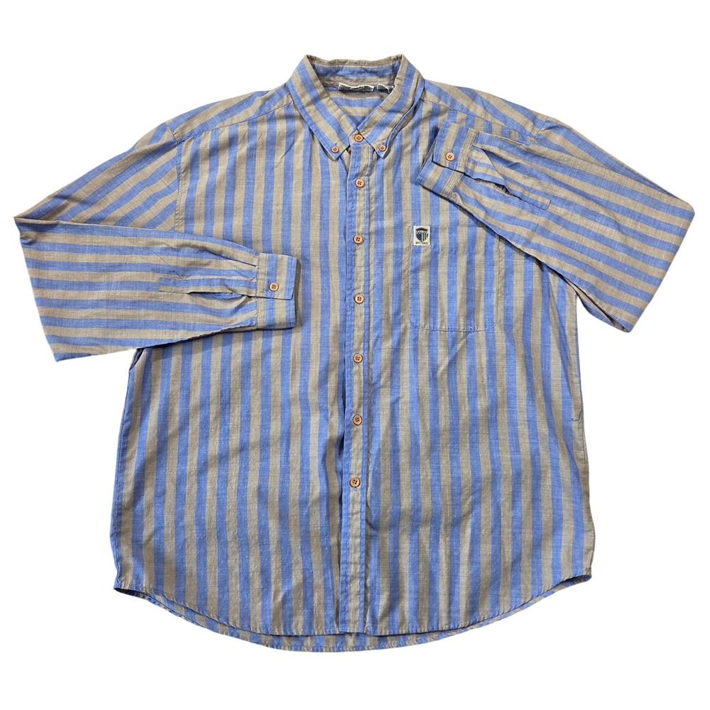 Vintage Brittania Mens XL Striped Button Down Shirt Blue Tan Long Sleeve Retro
